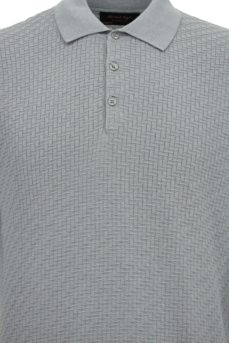 Açık Gri Melanj Polo Yaka Regular Fit Desenli Pamuklu Yün Triko Kazak