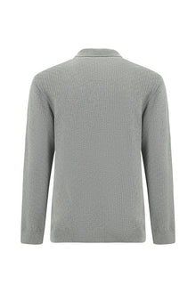 Orta Gri Melanj Polo Yaka Regular Fit Desenli Pamuklu Yün Triko Kazak