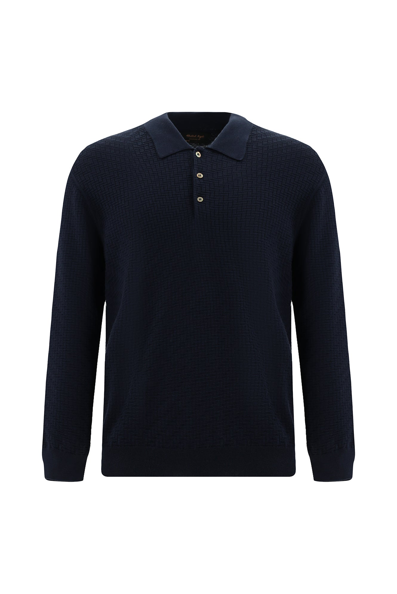 Koyu Lacivert Polo Yaka Regular Fit Desenli Pamuklu Yün Triko Kazak