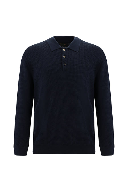 Koyu Lacivert Polo Yaka Regular Fit Desenli Pamuklu Yün Triko Kazak