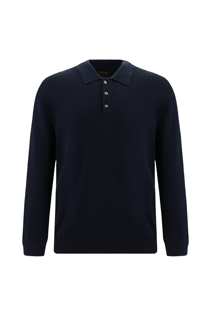 Koyu Lacivert Polo Yaka Regular Fit Desenli Pamuklu Yün Triko Kazak