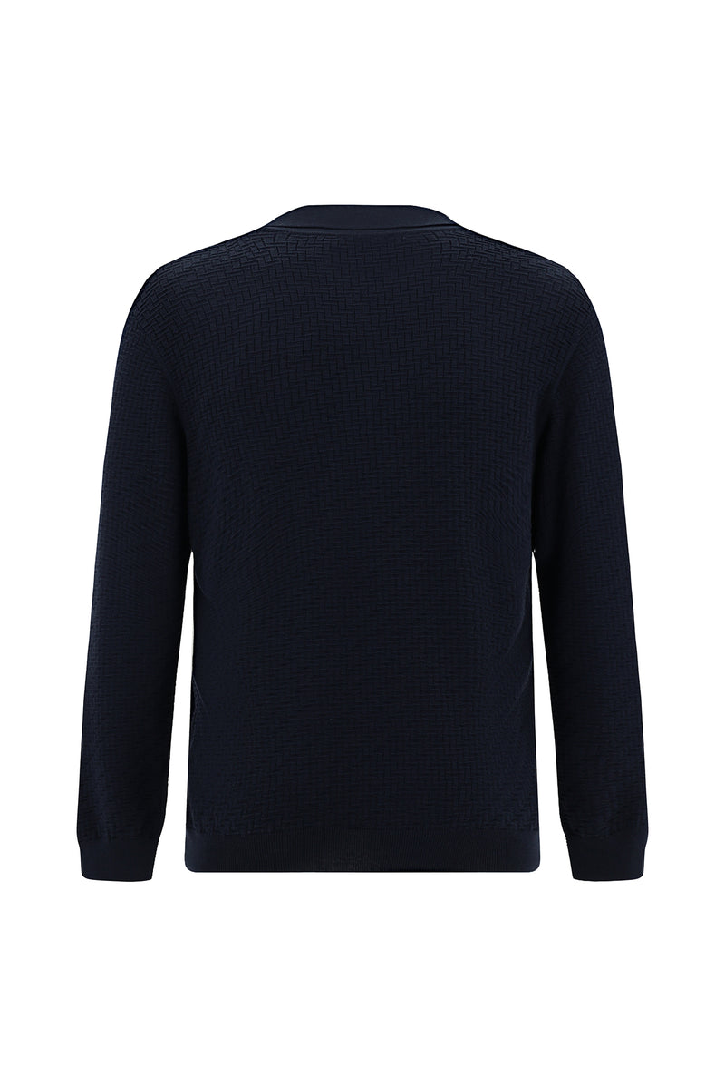 Koyu Lacivert Polo Yaka Regular Fit Desenli Pamuklu Yün Triko Kazak