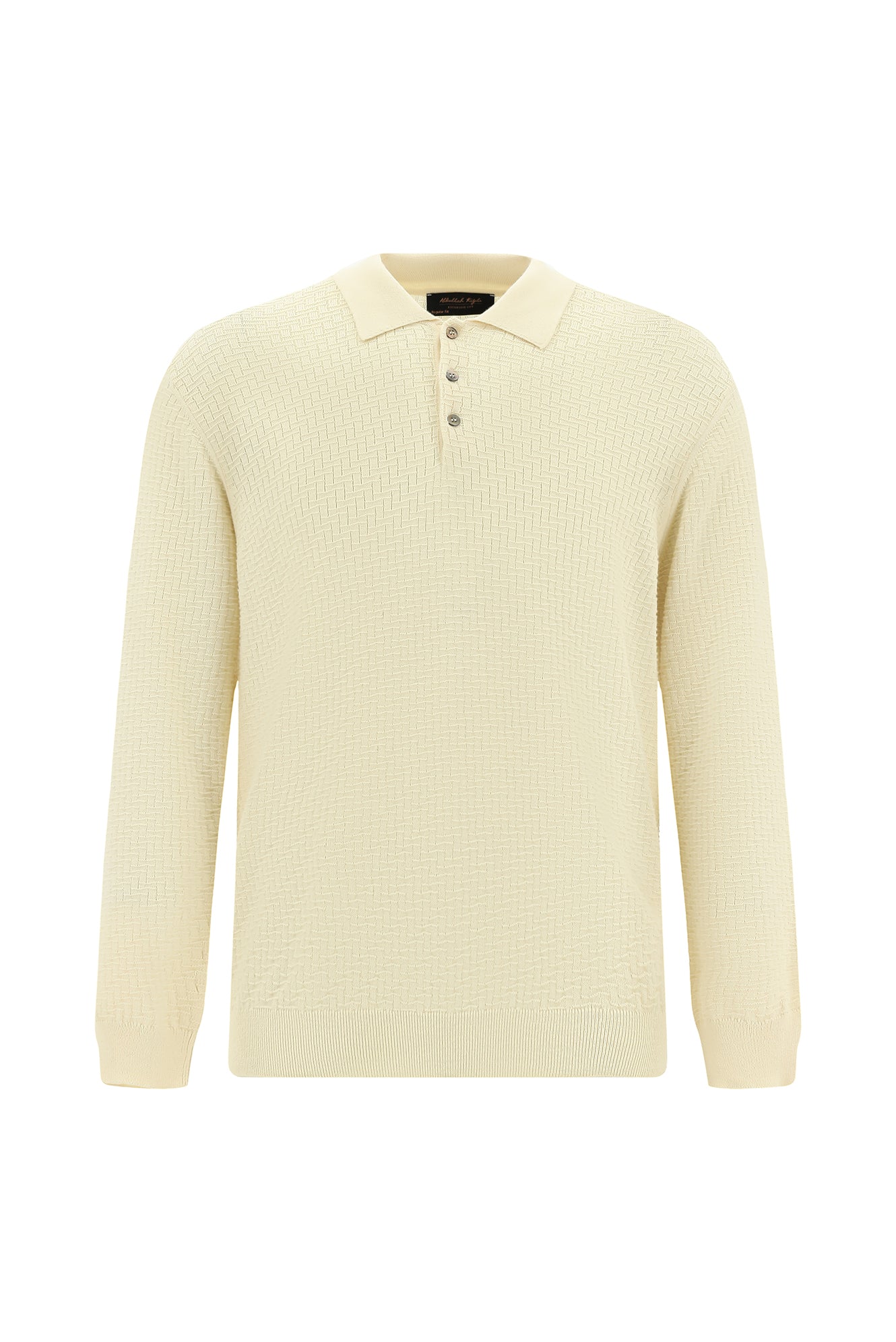 Ekru Polo Yaka Regular Fit Desenli Pamuklu Yün Triko Kazak