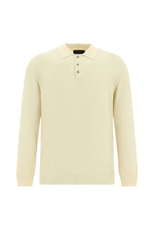 Ekru Polo Yaka Regular Fit Desenli Pamuklu Yün Triko Kazak