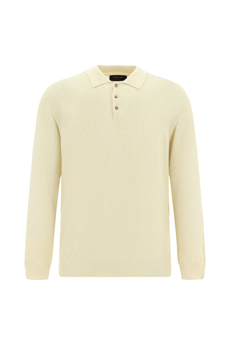 Ekru Polo Yaka Regular Fit Desenli Pamuklu Yün Triko Kazak