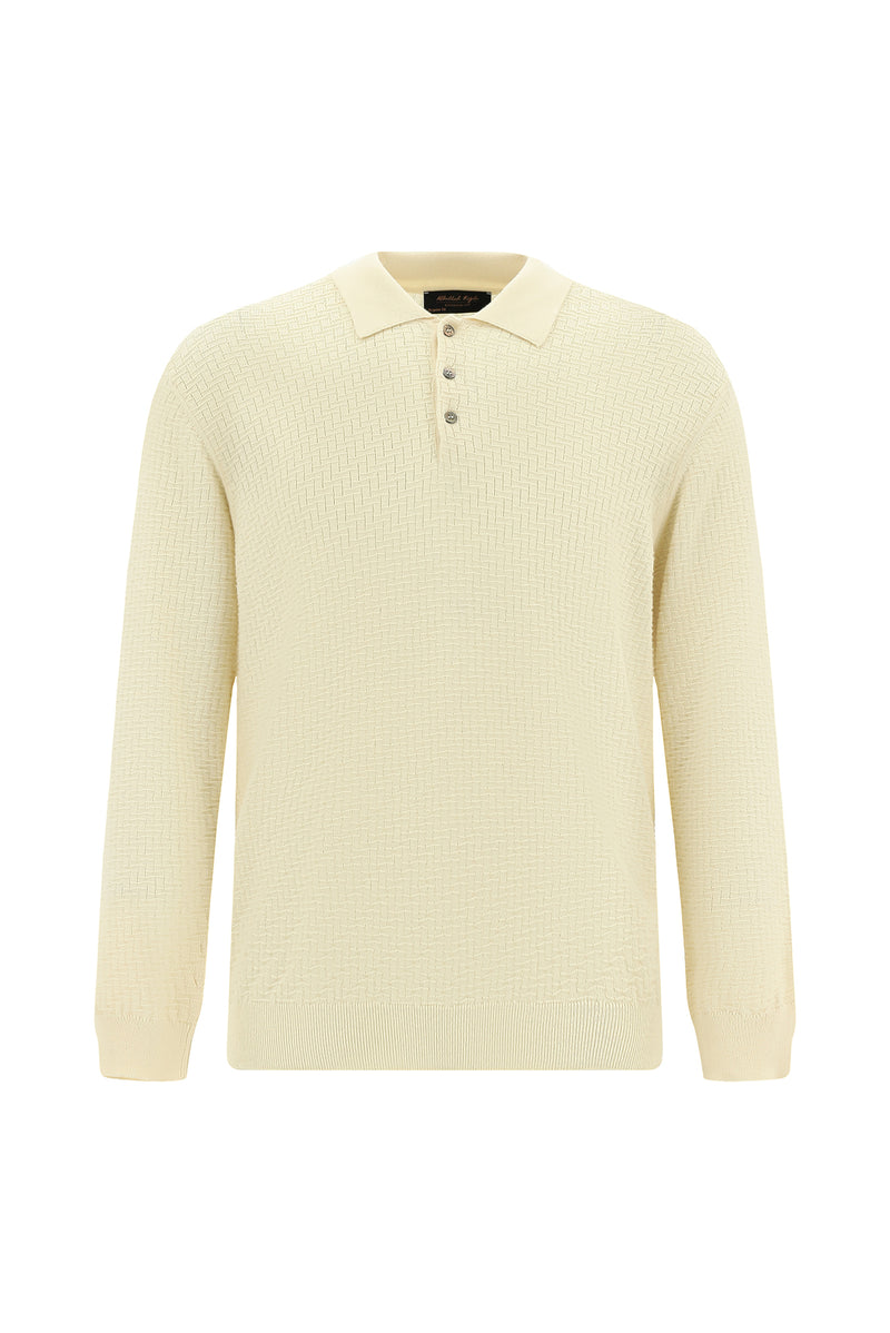 Ekru Polo Yaka Regular Fit Desenli Pamuklu Yün Triko Kazak