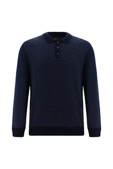 Koyu Lacivert Polo Yaka Regular Fit Desenli Yünlü Triko Kazak