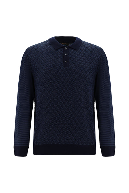 Koyu Lacivert Polo Yaka Regular Fit Desenli Yünlü Triko Kazak