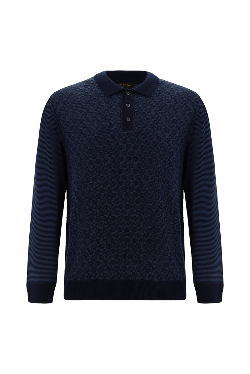 Koyu Lacivert Polo Yaka Regular Fit Desenli Yünlü Triko Kazak