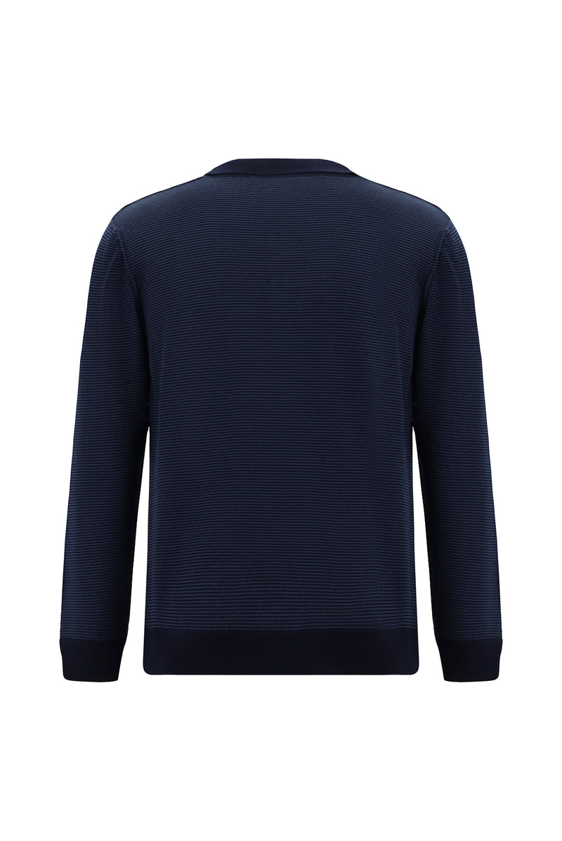 Koyu Lacivert Polo Yaka Regular Fit Desenli Yünlü Triko Kazak