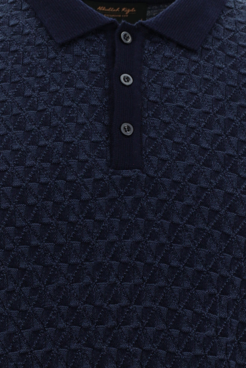 Koyu Lacivert Polo Yaka Regular Fit Desenli Yünlü Triko Kazak