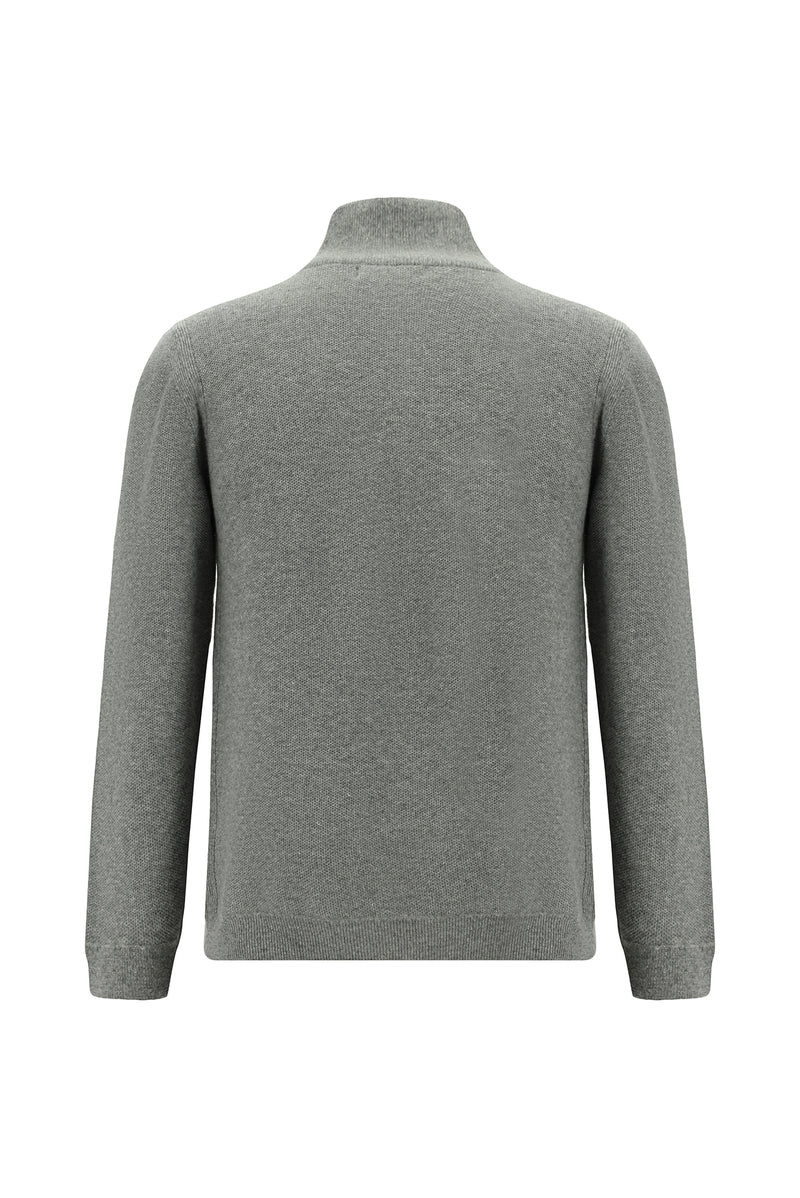 Orta Gri Melanj Yarım Balıkçı Yaka Regular Fit Yünlü Desenli Fermuarlı Triko Kazak