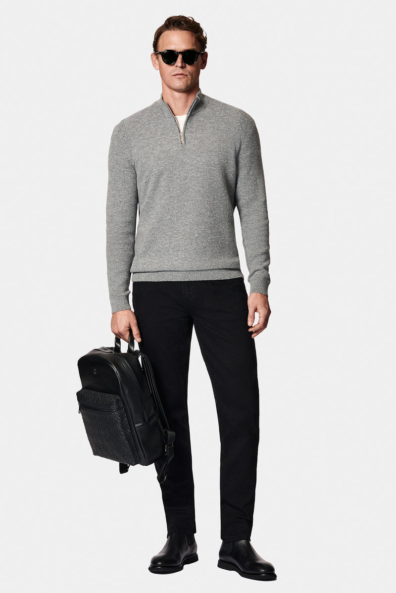 Orta Gri Melanj Yarım Balıkçı Yaka Regular Fit Yünlü Desenli Fermuarlı Triko Kazak