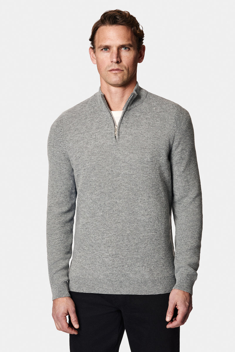 Orta Gri Melanj Yarım Balıkçı Yaka Regular Fit Yünlü Desenli Fermuarlı Triko Kazak