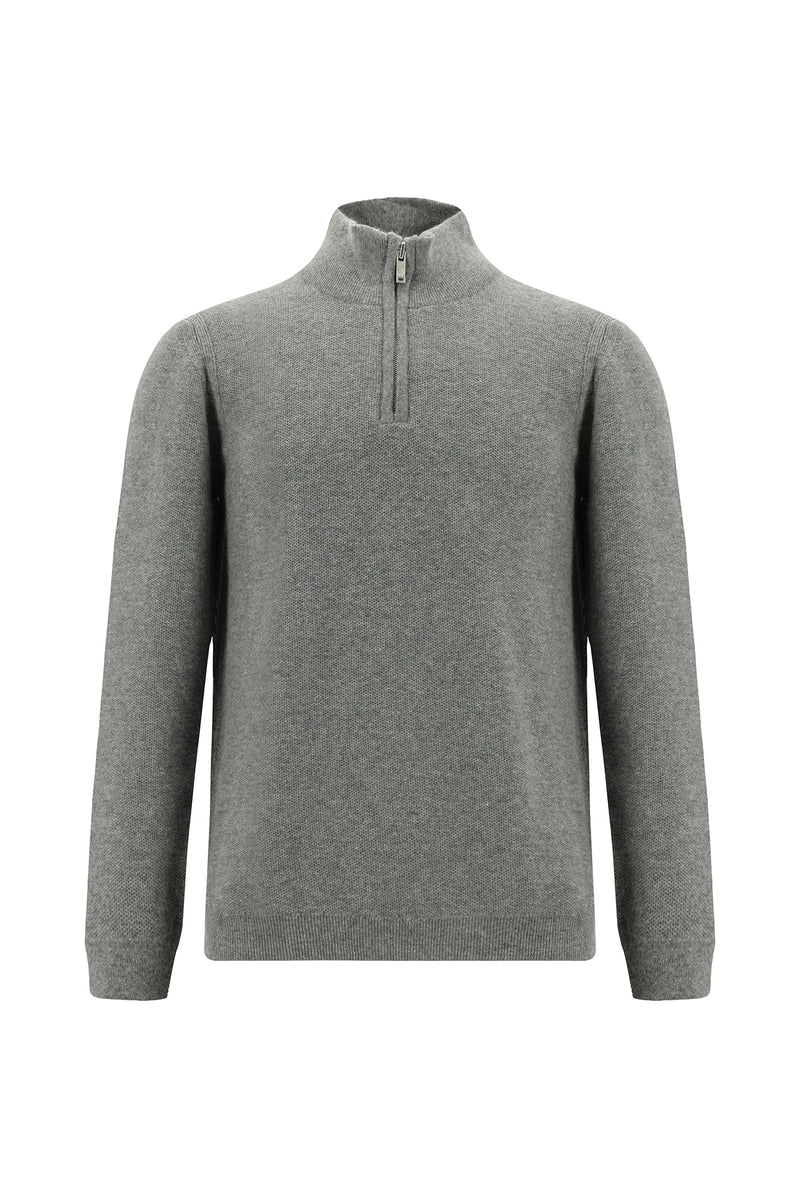 Orta Gri Melanj Yarım Balıkçı Yaka Regular Fit Yünlü Desenli Fermuarlı Triko Kazak