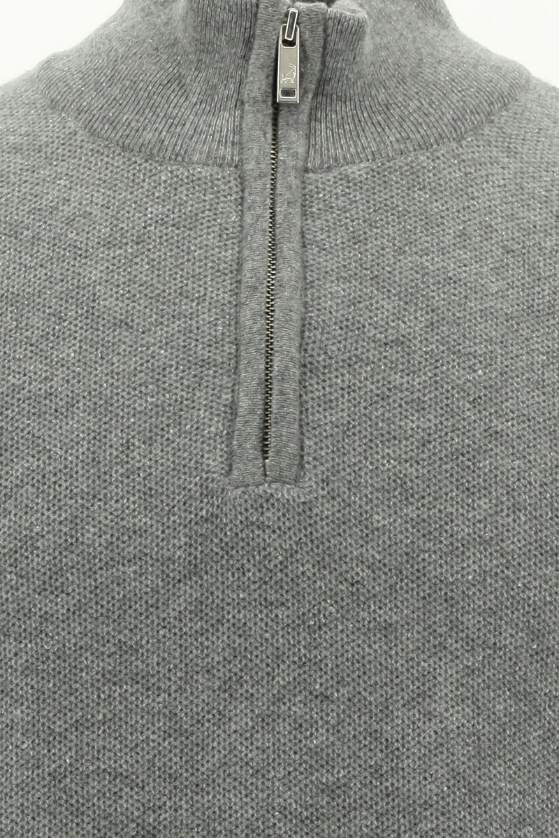 Orta Gri Melanj Yarım Balıkçı Yaka Regular Fit Yünlü Desenli Fermuarlı Triko Kazak