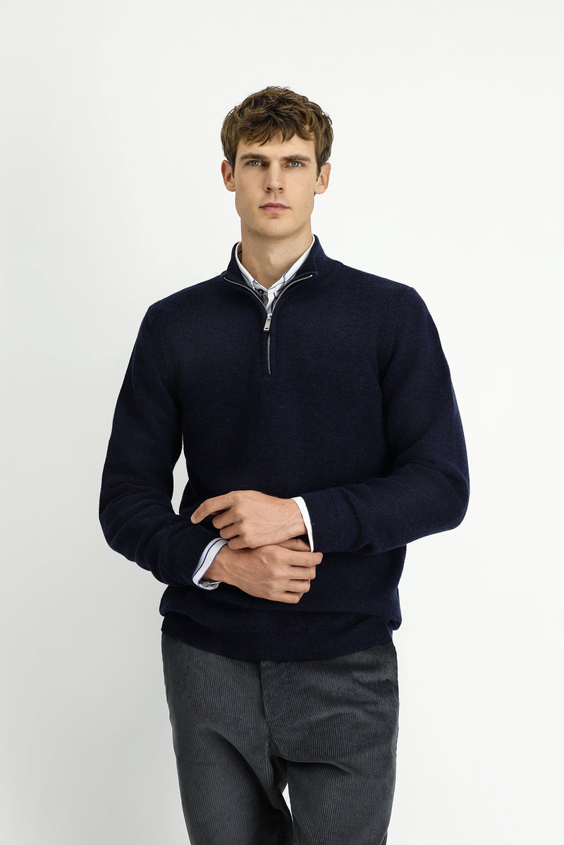 Koyu Lacivert Yarım Balıkçı Yaka Regular Fit Yünlü Desenli Fermuarlı Triko Kazak