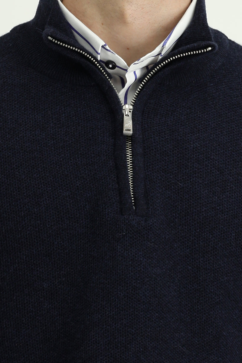 Koyu Lacivert Yarım Balıkçı Yaka Regular Fit Yünlü Desenli Fermuarlı Triko Kazak