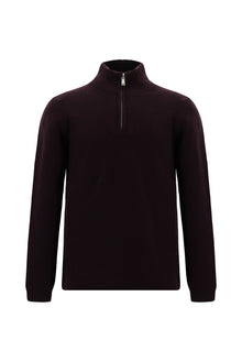 Aç?k Bordo Yar?m Bal?kç? Yaka Regular Fit Yünlü Desenli Fermuarl? Triko Kazak-Abdullah Ki??l?