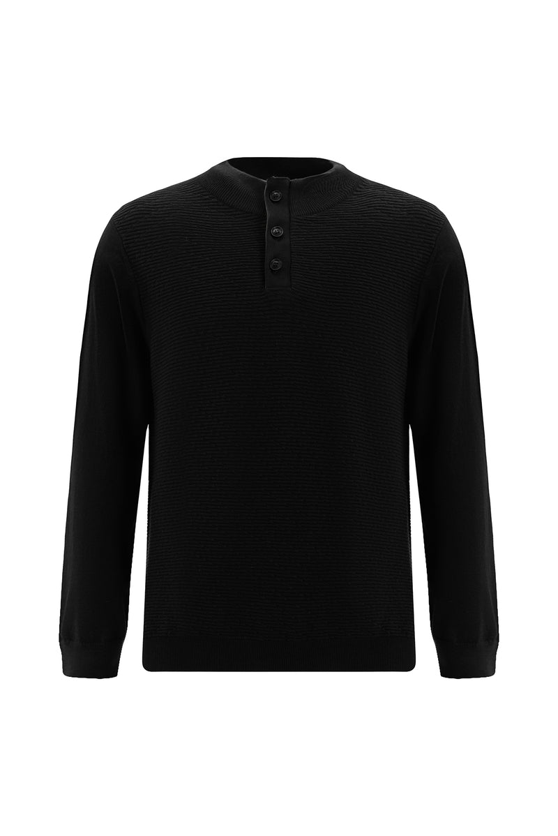 Siyah Yarım Balıkçı Yaka Regular Fit Desenli Pamuklu Yün Triko Kazak