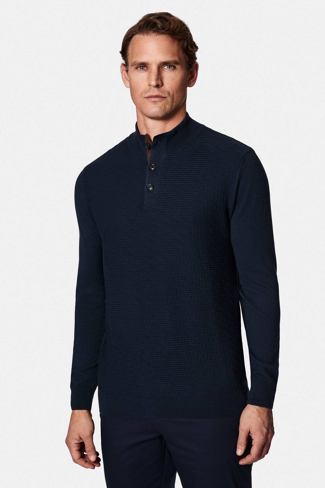 Koyu Lacivert Yar?m Bal?kç? Yaka Regular Fit Desenli Pamuklu Yün Triko Kazak-Abdullah Ki??l?