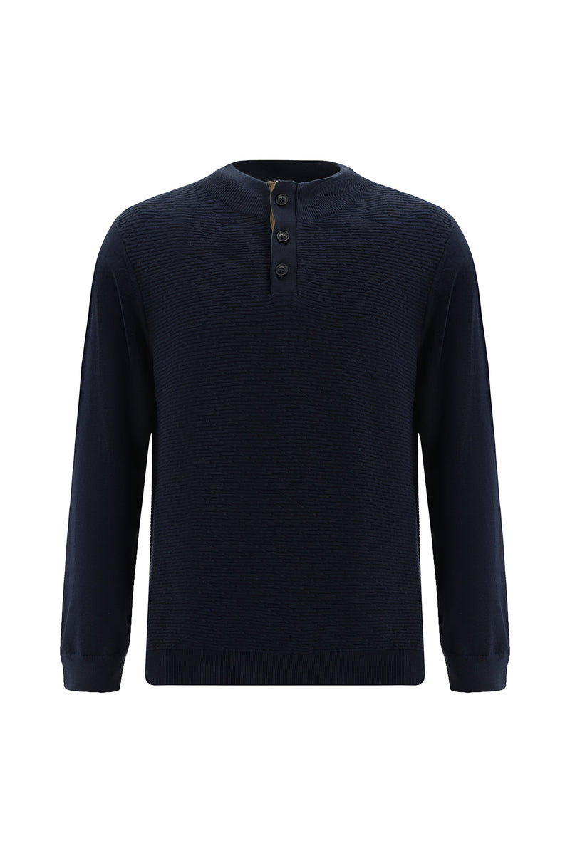 Koyu Lacivert Yarım Balıkçı Yaka Regular Fit Desenli Pamuklu Yün Triko Kazak