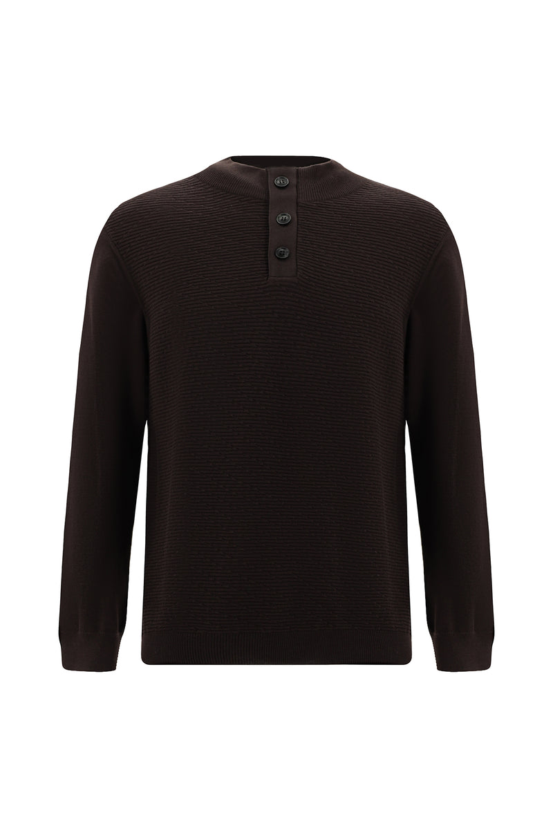 Koyu Kahve Yarım Balıkçı Yaka Regular Fit Desenli Pamuklu Yün Triko Kazak