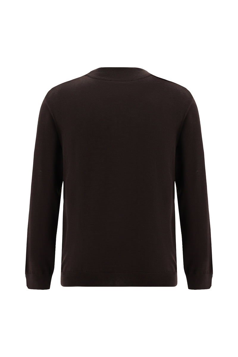 Koyu Kahve Yarım Balıkçı Yaka Regular Fit Desenli Pamuklu Yün Triko Kazak