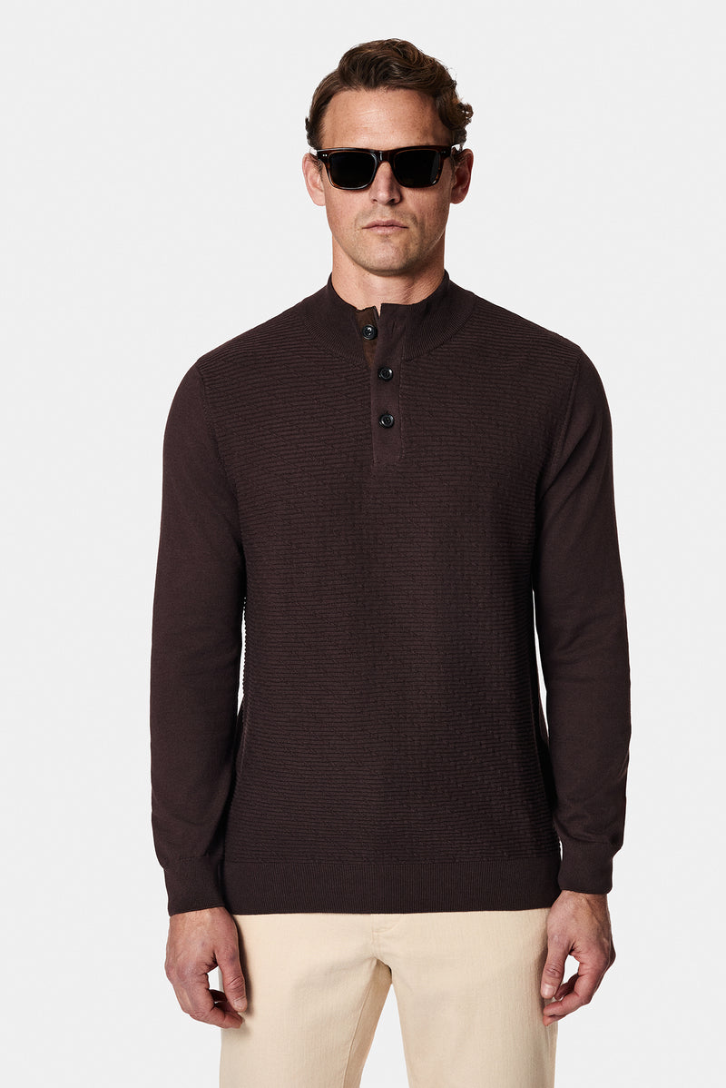 Koyu Kahve Yarım Balıkçı Yaka Regular Fit Desenli Pamuklu Yün Triko Kazak
