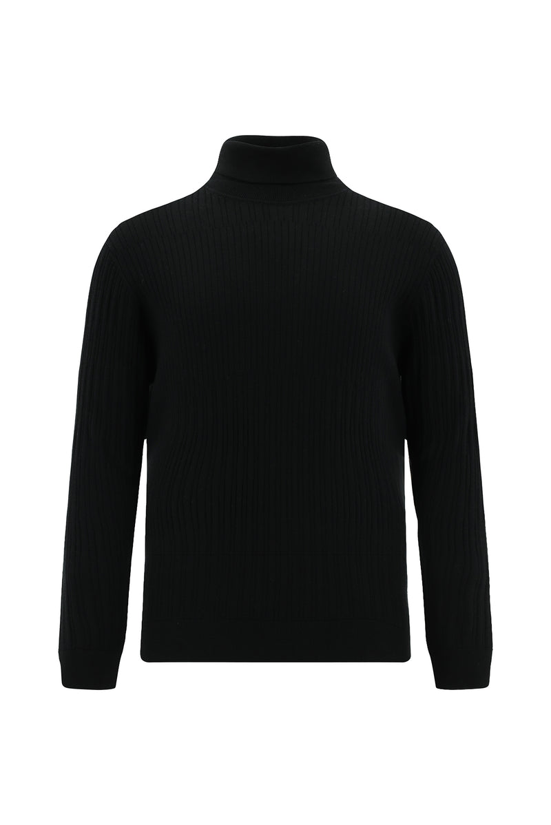 Siyah Balıkçı Yaka Regular Fit Desenli Yünlü Triko Kazak