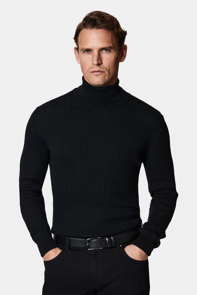 Siyah Balıkçı Yaka Regular Fit Desenli Yünlü Triko Kazak