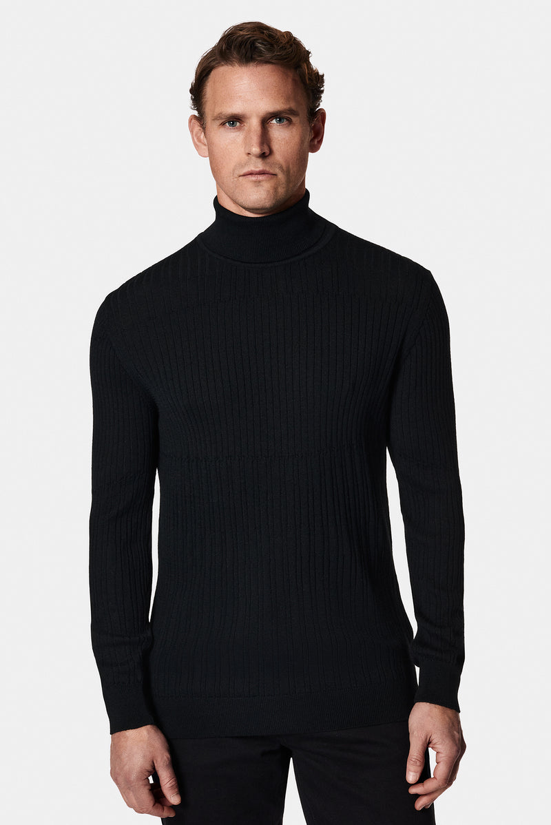 Siyah Balıkçı Yaka Regular Fit Desenli Yünlü Triko Kazak