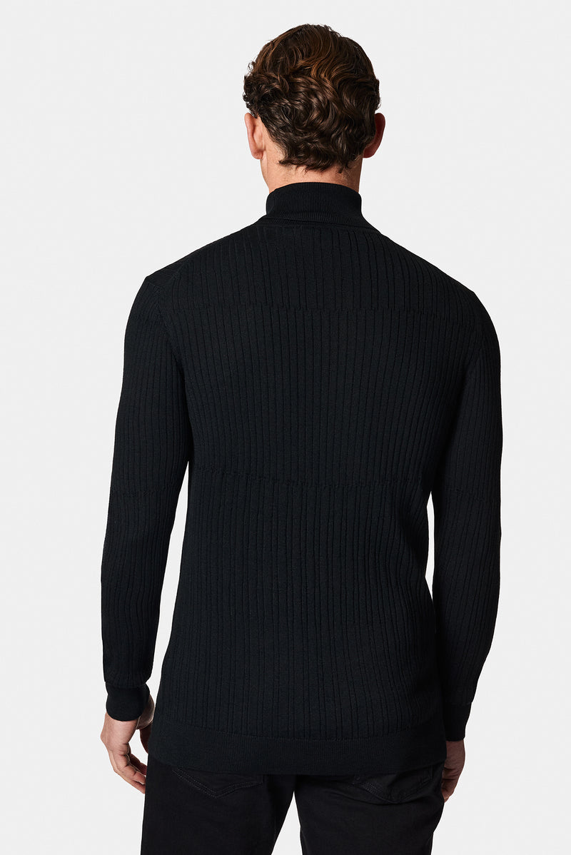 Siyah Balıkçı Yaka Regular Fit Desenli Yünlü Triko Kazak
