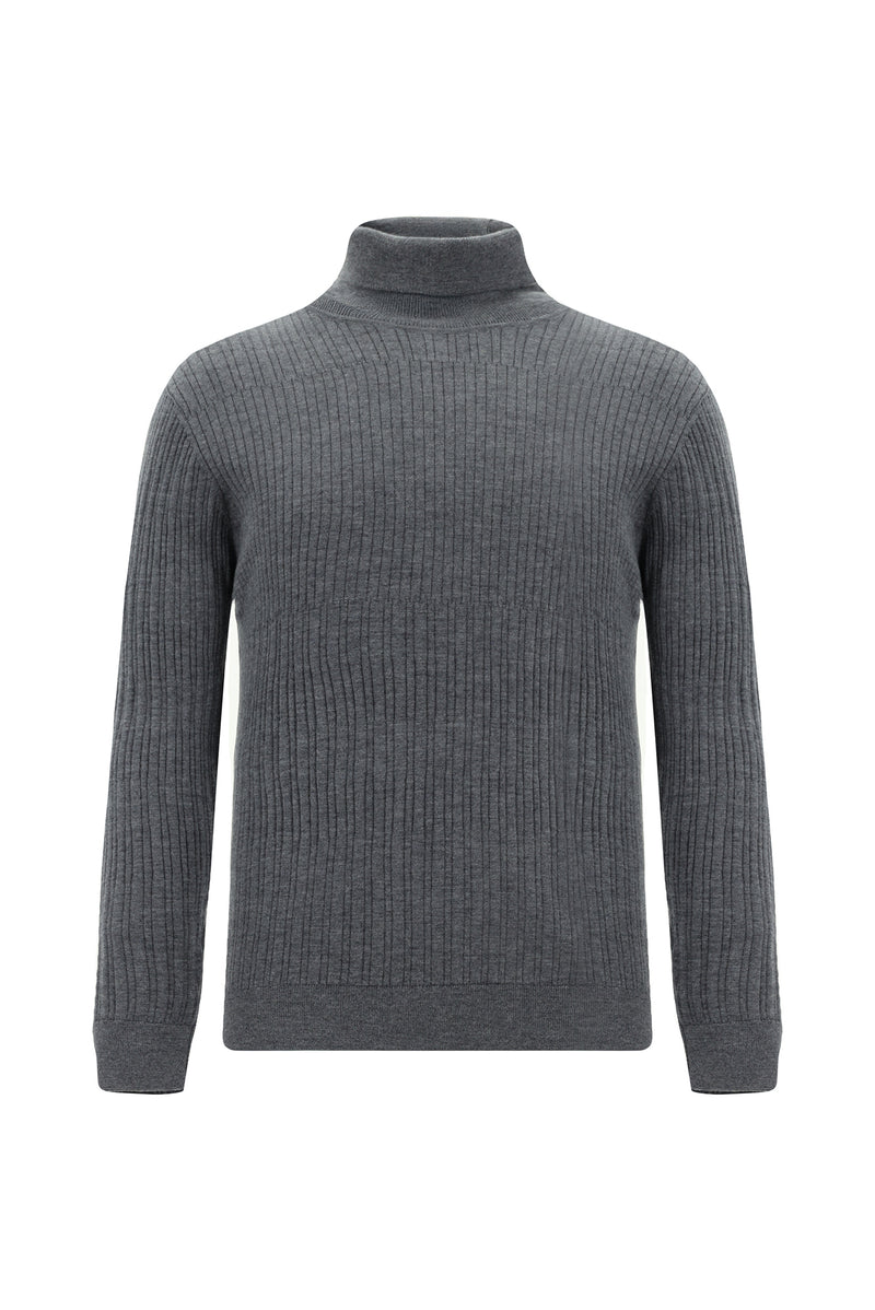 Orta Gri Melanj Balıkçı Yaka Regular Fit Desenli Yünlü Triko Kazak