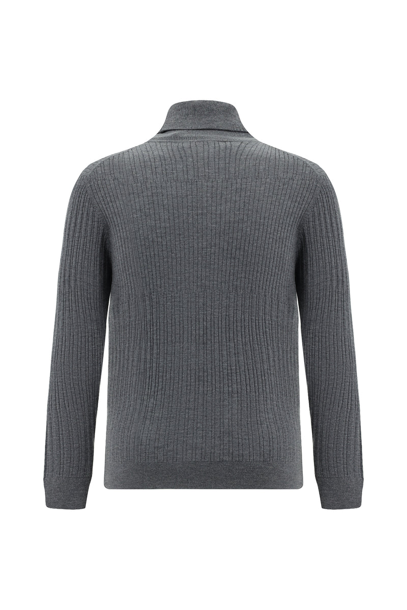 Orta Gri Melanj Balıkçı Yaka Regular Fit Desenli Yünlü Triko Kazak