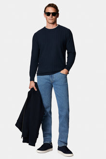 Koyu Lacivert Bisiklet Yaka Regular Fit Desenli Yünlü Triko Kazak