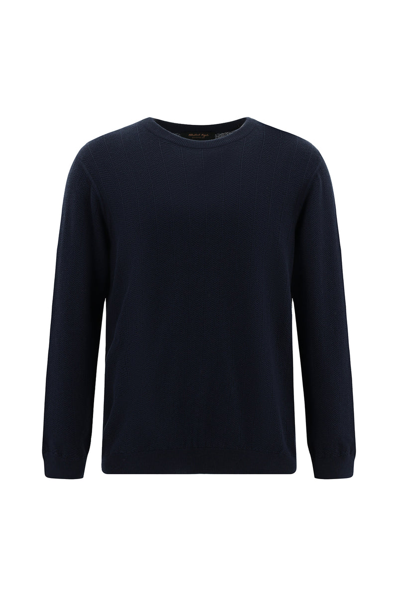 Koyu Lacivert Bisiklet Yaka Regular Fit Desenli Yünlü Triko Kazak