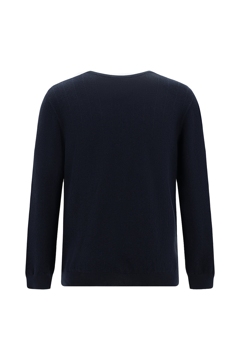 Koyu Lacivert Bisiklet Yaka Regular Fit Desenli Yünlü Triko Kazak