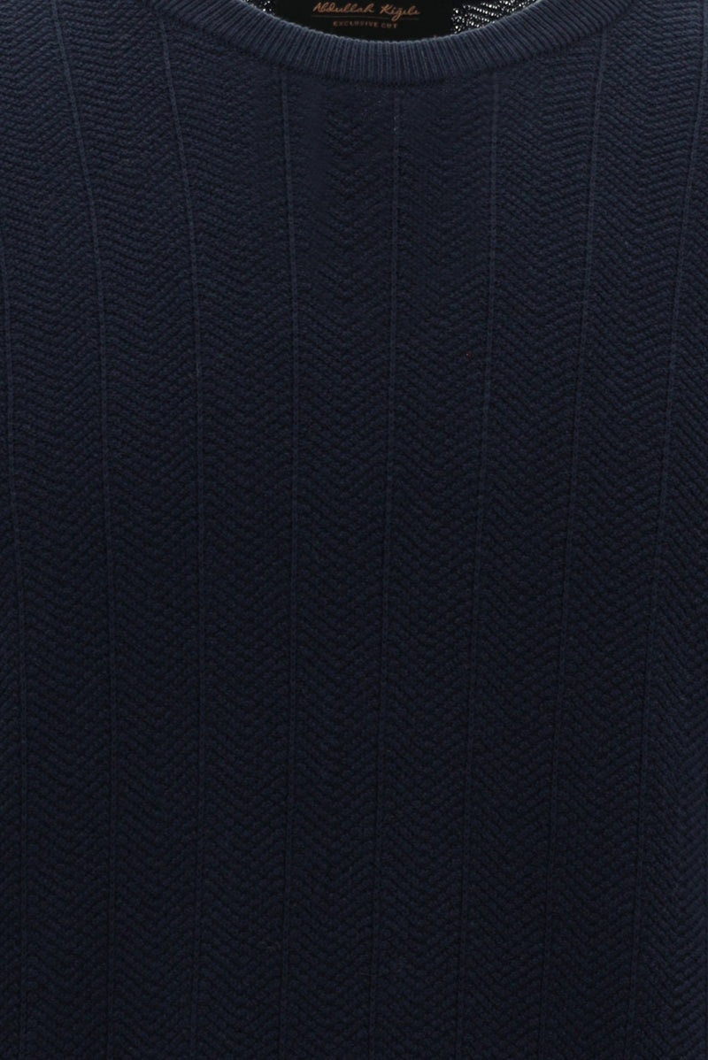Koyu Lacivert Bisiklet Yaka Regular Fit Desenli Yünlü Triko Kazak
