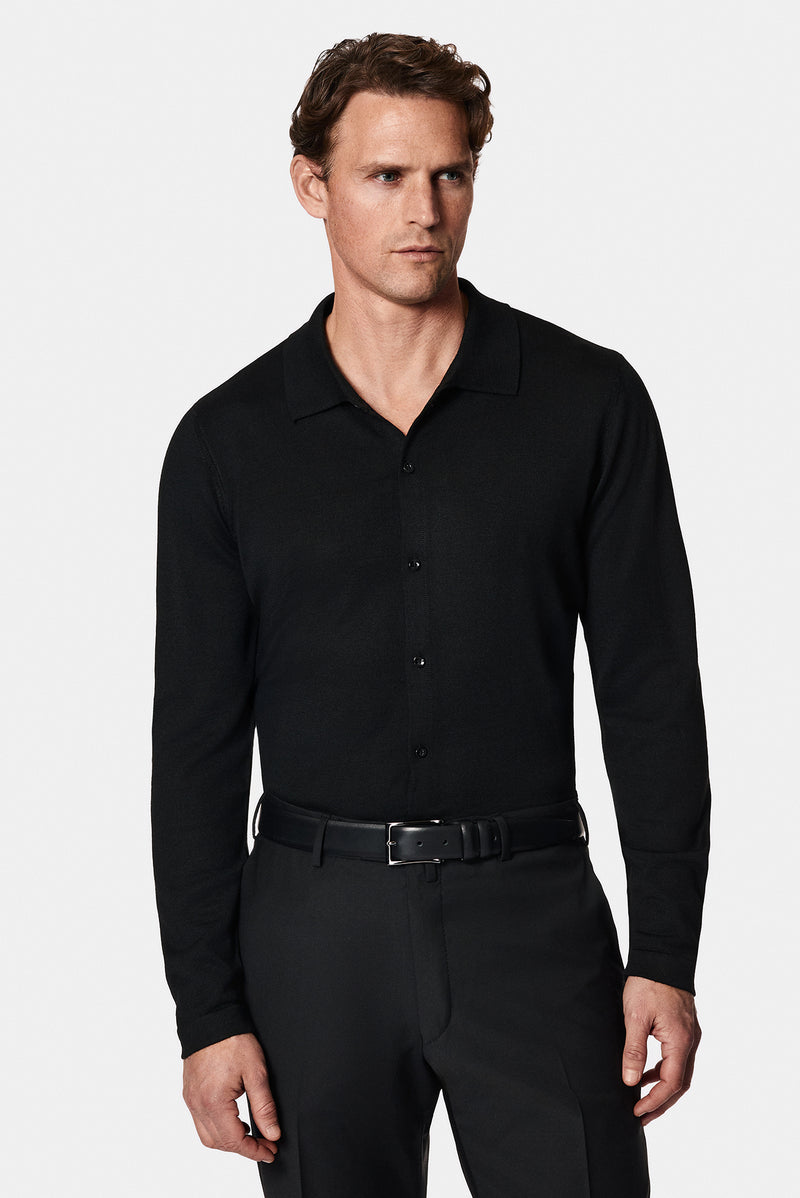 Siyah Gömlek Yaka Düğmeli Yünlü Triko Hırka