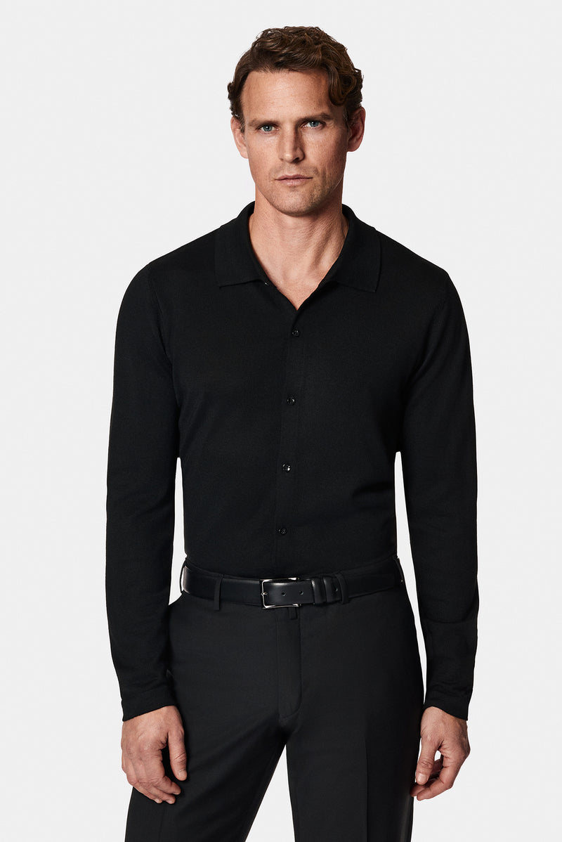 Siyah Gömlek Yaka Düğmeli Yünlü Triko Hırka