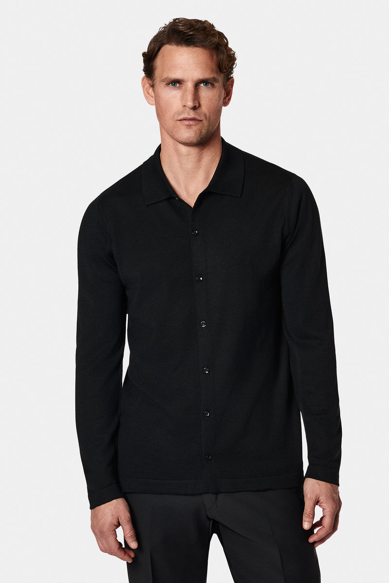 Siyah Gömlek Yaka Düğmeli Yünlü Triko Hırka