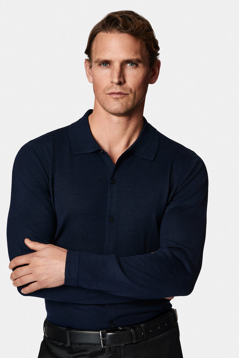 Koyu Lacivert Gömlek Yaka Düğmeli Yünlü Triko Hırka