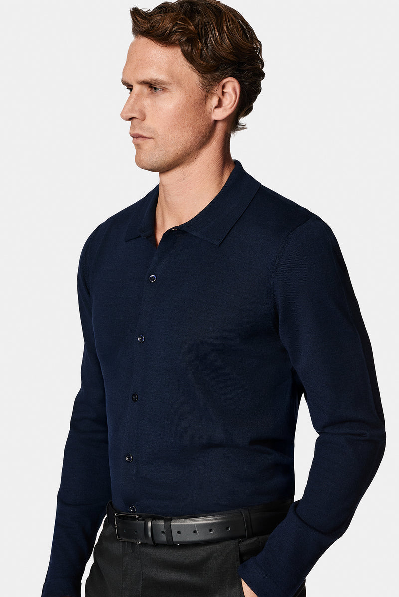 Koyu Lacivert Gömlek Yaka Düğmeli Yünlü Triko Hırka