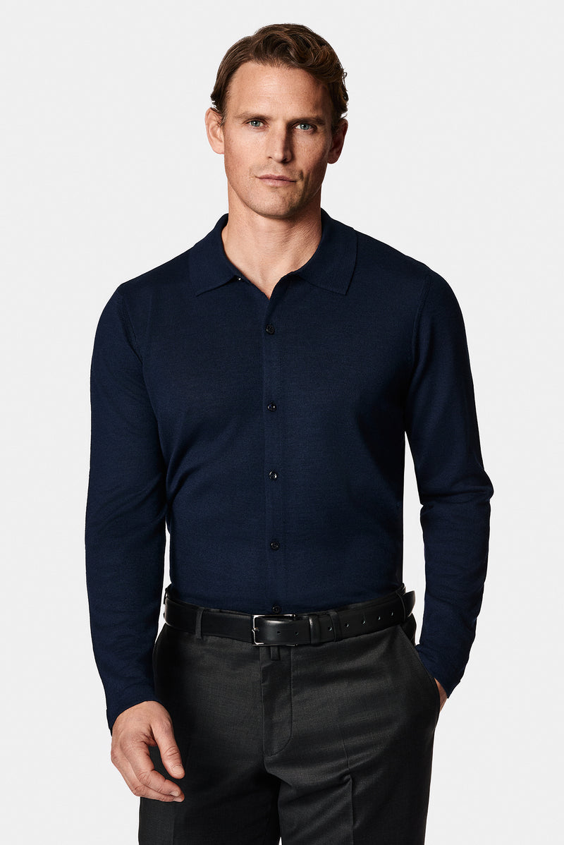 Koyu Lacivert Gömlek Yaka Düğmeli Yünlü Triko Hırka