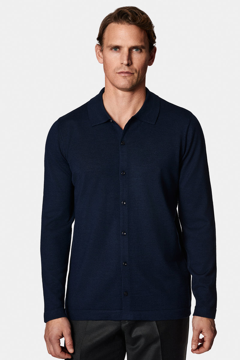 Koyu Lacivert Gömlek Yaka Düğmeli Yünlü Triko Hırka