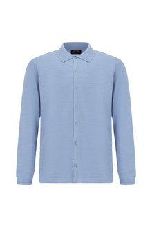 Açık Mavi Melanj Regular Fit Gömlek Yaka Düğmeli Yün Triko Gömlek