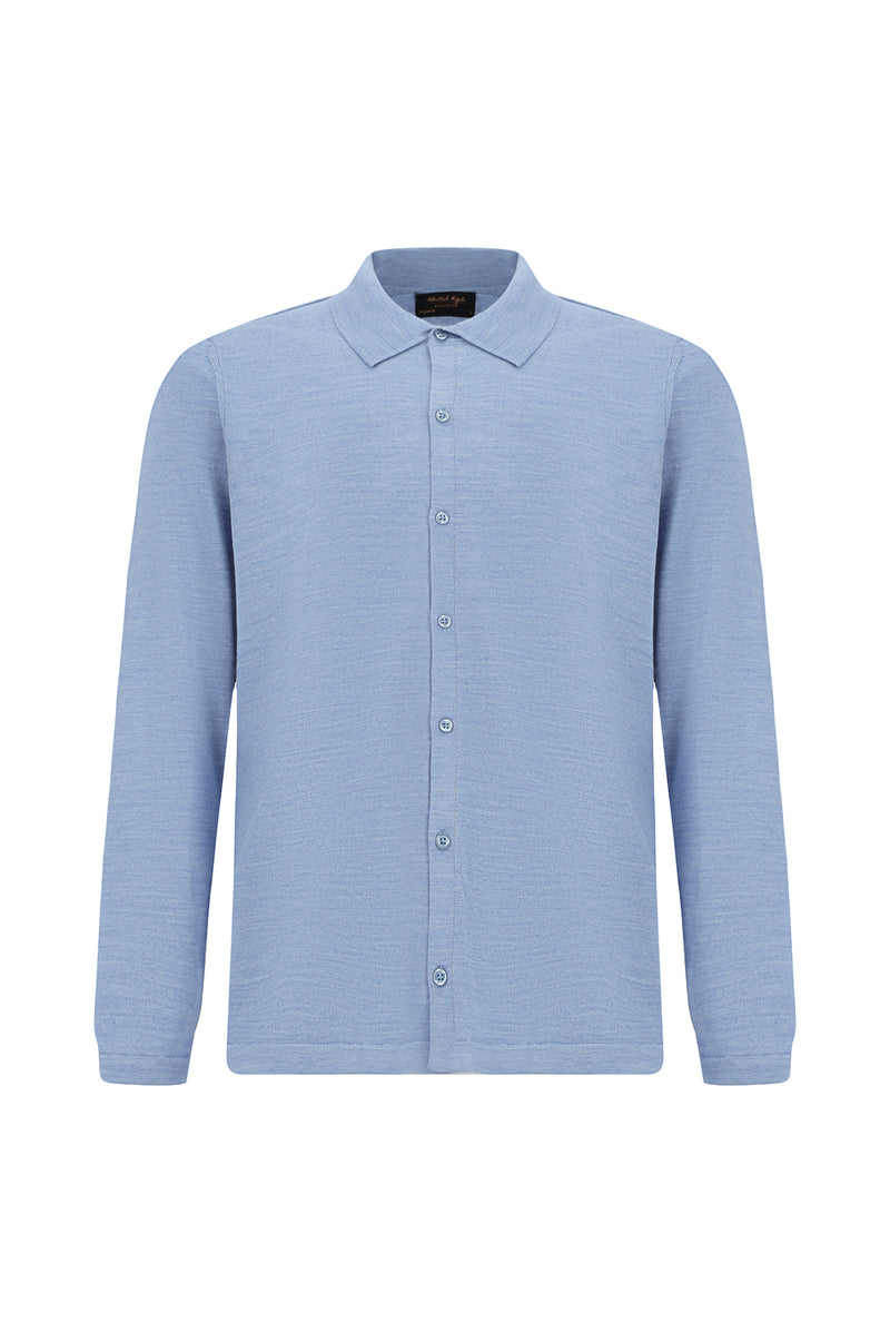 Açık Mavi Melanj Regular Fit Gömlek Yaka Düğmeli Yün Triko Gömlek