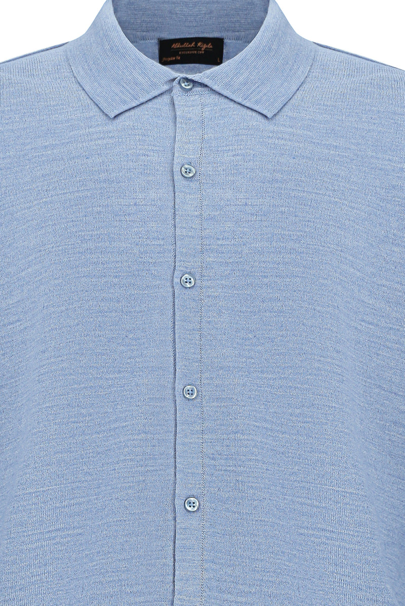 Açık Mavi Melanj Regular Fit Gömlek Yaka Düğmeli Yün Triko Gömlek