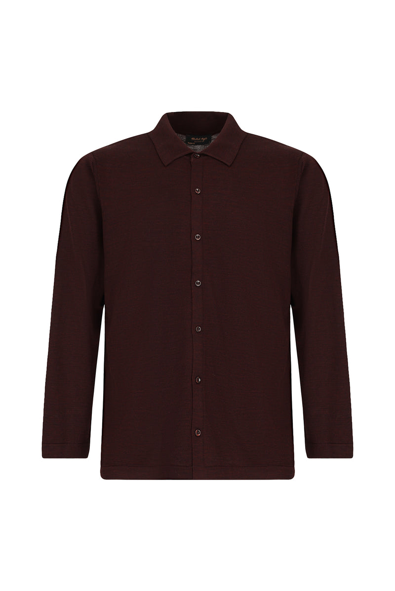 Koyu Bordo Regular Fit Gömlek Yaka Düğmeli Yün Triko Gömlek